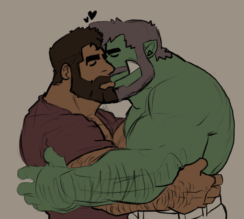 2boys bara beard brown_hair chest_hair closed_eyes colored_skin couple dark-skinned_male dark_skin eye_contact facial_hair full_beard green_skin grey_hair hairy heart highres interspecies kiss light_blush looking_at_another loving_aura male_focus mature_male monster_boy multiple_boys muscular muscular_male open_clothes open_shirt orc original pointy_ears profile short_hair smile softbeef solid_oval_eyes thick_arm_hair thick_beard thick_eyebrows thick_navel_hair tusks upper_body yaoi