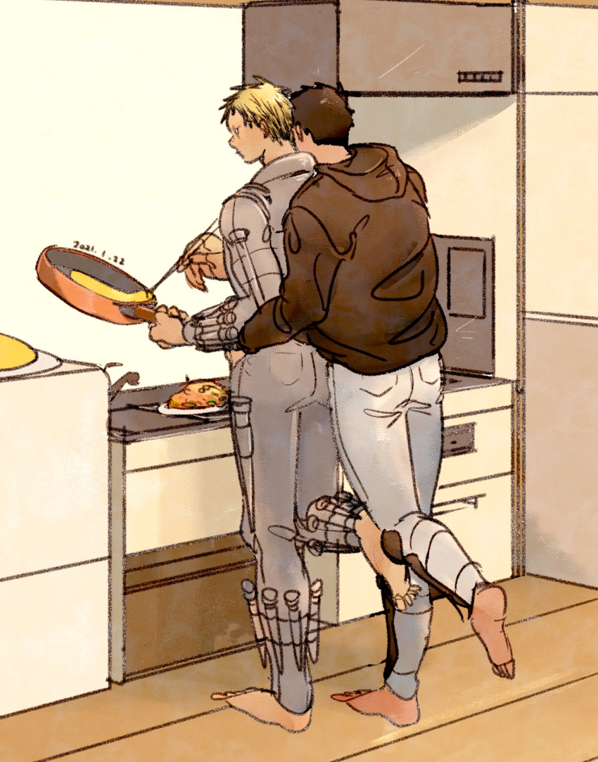 2boys aikawa_(dorohedoro) colored_tips cooking couple denim dorohedoro facial_mark food from_behind frying_pan full_body greyscale head_on_another's_shoulder highres holding holding_frying_pan hug hug_from_behind jeans kitchen male_focus medium_sideburns monochrome multicolored_hair multiple_boys nishida_(pixiv_50671594) no_eyebrows omelet pants risu_(dorohedoro) thick_eyebrows yaoi