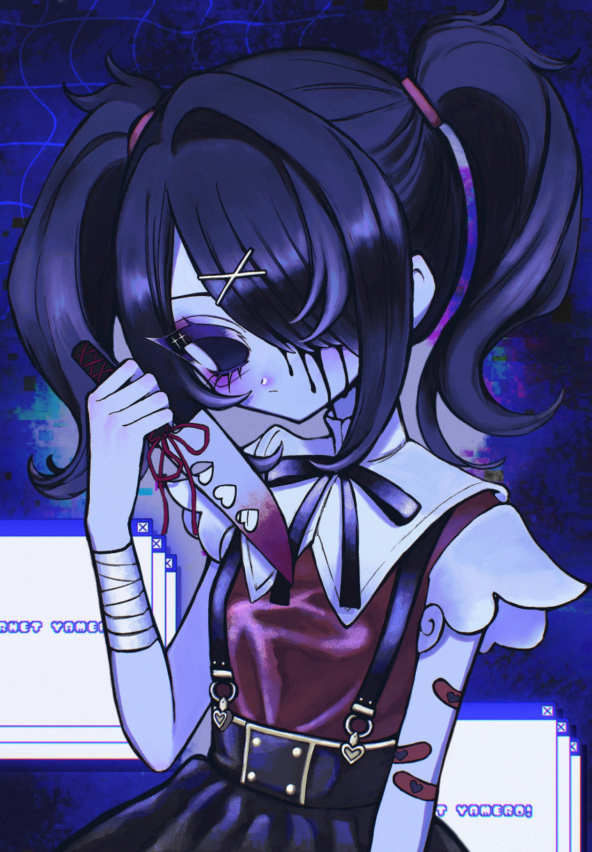 1girl aegyo_sal ame-chan_(needy_girl_overdose) aoi_bansoko bandaged_wrist bandages bandaid bandaid_on_arm black_eyes black_hair black_ribbon black_skirt blood blood_on_face blue_background closed_mouth collared_shirt commentary_request cowboy_shot empty_eyes hair_ornament hair_over_one_eye hand_up highres holding holding_knife knife long_hair looking_at_viewer neck_ribbon needy_girl_overdose red_shirt ribbon shirt skirt solo suspender_skirt suspenders twintails window_(computing) x_hair_ornament