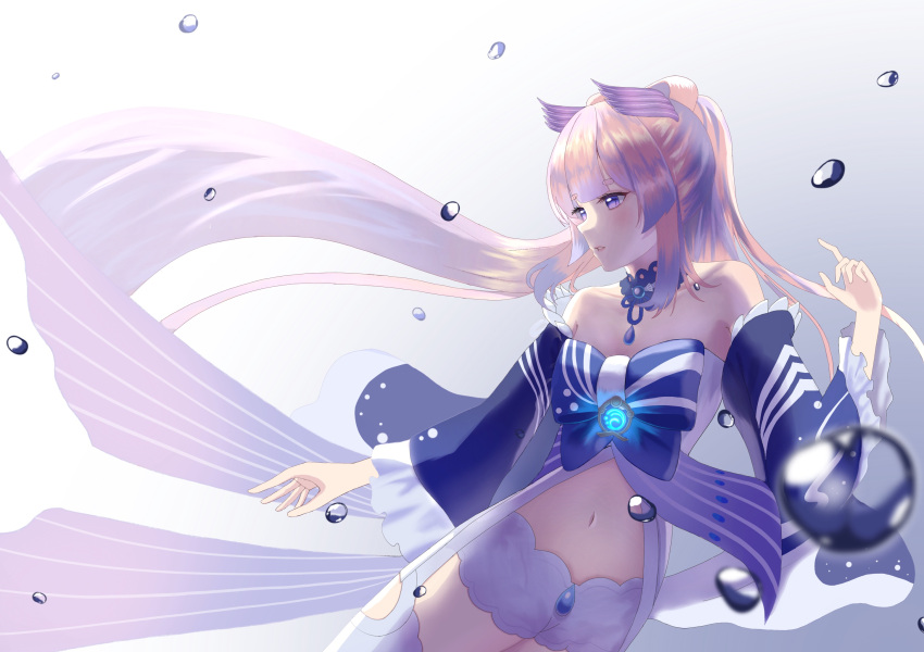 1girl bare_shoulders blue_bow blue_choker bow choker commentary genshin_impact gradient_background grey_background hand_up haookie highres long_hair long_sleeves navel parted_lips pink_hair purple_eyes sangonomiya_kokomi short_shorts shorts solo stomach very_long_hair white_background white_shorts