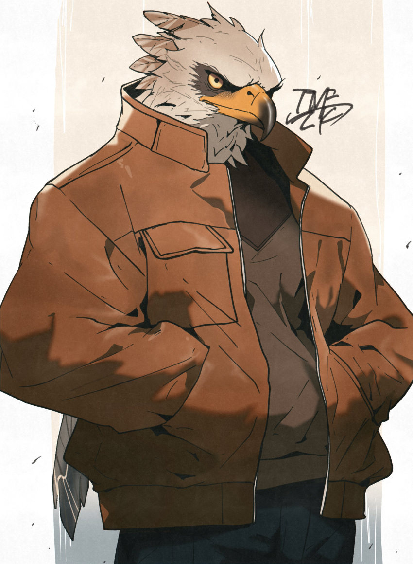 1boy absurdres artist_name beak bird_boy black_eyes black_pants breast_pocket brown_background brown_feathers brown_jacket brown_shirt closed_mouth collared_jacket colored_sclera feathers furry furry_male hands_in_pockets high_collar highres jacket long_sleeves looking_at_viewer male_focus open_clothes open_jacket original pants pocket shirt signature simple_background solo standing tomochiso upper_body yellow_sclera