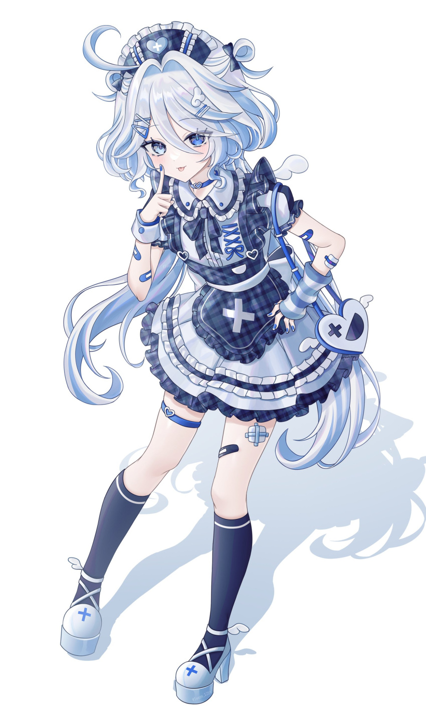 1girl absurdres alternate_costume apron bandaid_on_thigh black_headdress black_socks blue_apron blue_choker blue_dress blue_eyes blue_hair bridal_garter choker dress finger_to_cheek full_body furina_(genshin_impact) genshin_impact grey_eyes grey_footwear heterochromia high_heels highres long_hair looking_at_viewer multicolored_hair plaid plaid_apron socks solo tongue tongue_out touyu_1210 white_hair