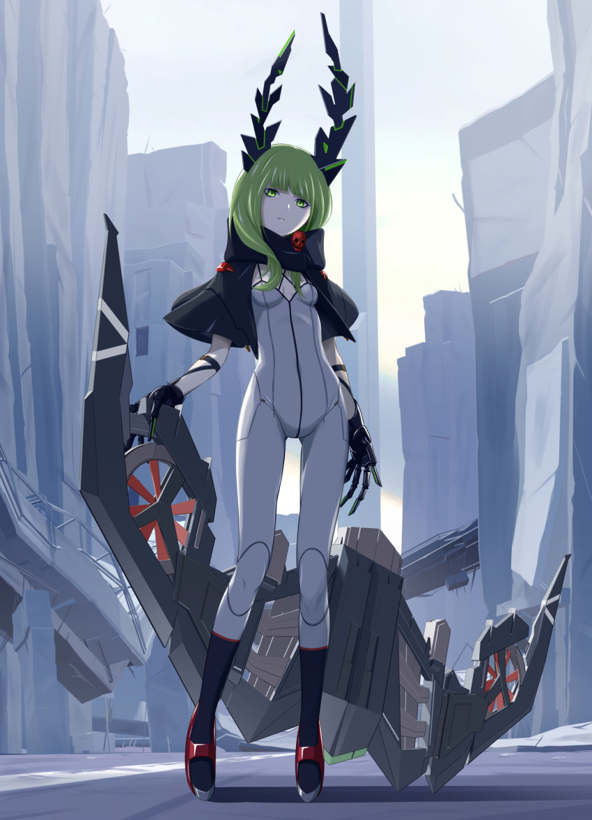 1girl 32zzz asymmetrical_horns black_capelet black_rock_shooter black_rock_shooter:_dawn_fall bodysuit capelet claws dead_master green_eyes green_hair grey_bodysuit highres holding holding_weapon horns long_hair mechanical_hands sidelocks skull_ornament solo uneven_horns weapon