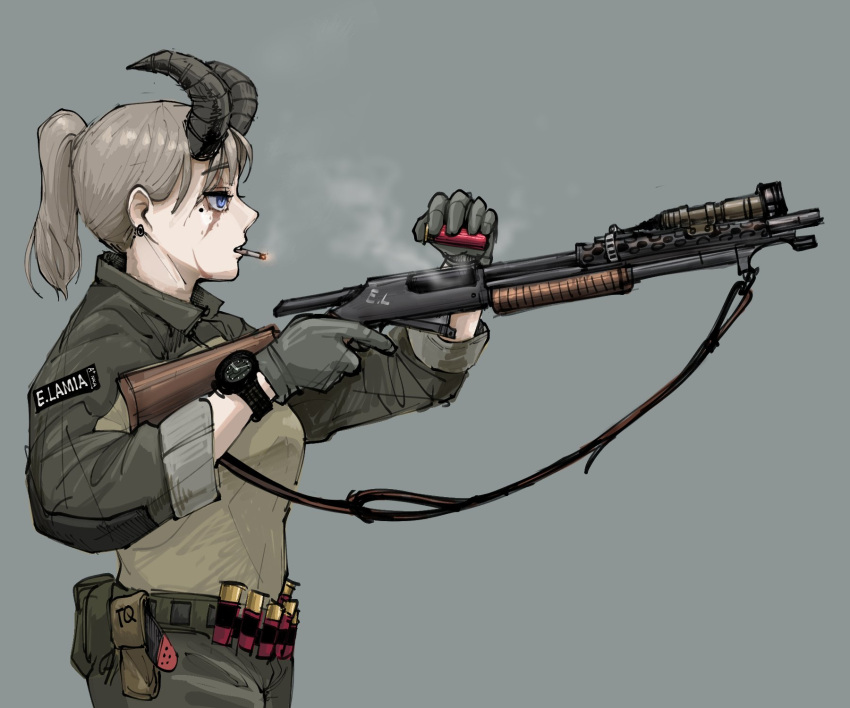 1girl belt blue_eyes cigarette collar earrings epakim flashlight gloves gun highres horns jewelry looking_to_the_side military_uniform name_tag original ponytail pump_action reloading shotgun shotgun_shell sleeves_rolled_up smoking solo trigger_discipline uniform watch weapon winchester_model_1897 wristwatch