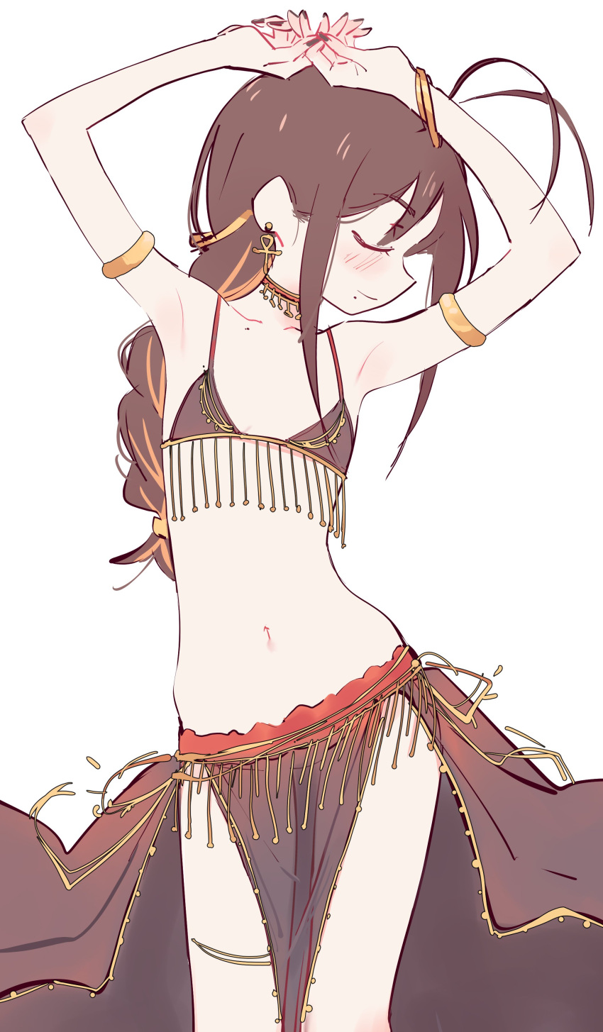 1girl absurdres antenna_hair arms_up bracelet brown_hair closed_eyes closed_mouth earrings eds highres jewelry long_hair mole mole_under_mouth navel original profile simple_background solo standing