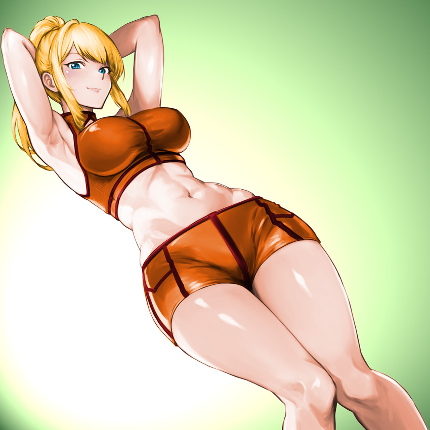 1girl abs armpits arms_behind_head arms_up blonde_hair blue_eyes breasts closed_mouth commentary_request gradient_background green_background highres large_breasts lips long_hair looking_at_viewer metroid midriff minamoto80486 navel orange_shorts orange_tank_top ponytail samus_aran shiny_skin shorts sidelocks sleeveless smile stomach tank_top thighs