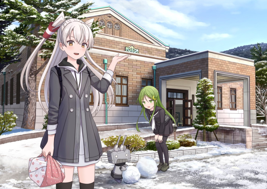 2girls amatsukaze_(kancolle) backpack bag bento black_pantyhose black_serafuku black_thighhighs blue_sky brown_eyes building cloud coat commentary_request cowboy_shot crescent crescent_hair_ornament day dress green_eyes green_hair grey_coat grey_hair hair_ornament hair_tubes hitakikan hooded_dress kantai_collection long_hair looking_at_viewer multiple_girls nagatsuki_(kancolle) neckerchief official_alternate_costume outdoors pantyhose rensouhou-kun scenery school_uniform serafuku sky snow thighhighs tree two_side_up white_dress white_neckerchief