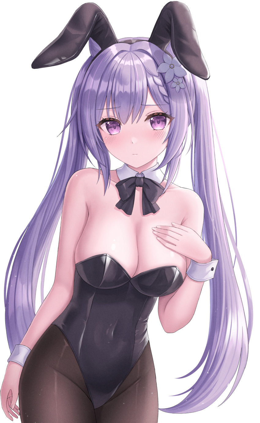 1girl absurdres alternate_costume animal_ears black_leotard blush breasts brown_pantyhose cleavage closed_mouth commentary_request fake_animal_ears genshin_impact highres keqing_(genshin_impact) large_breasts leotard long_hair looking_at_viewer pantyhose playboy_bunny purple_eyes purple_hair rabbit_ears seungju_lee simple_background solo twintails white_background