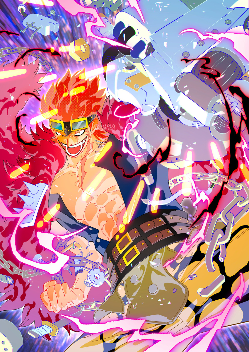 1boy abs absurdres broken broken_chain chain clenched_hand coat eustass_kid fighting_stance goggles highres ijk969 knife male_focus muscular muscular_male one_piece open_clothes open_mouth pectorals prosthesis prosthetic_arm red_coat red_hair scar scar_on_chest scar_on_face short_hair smile spiked_hair teeth twitter_username