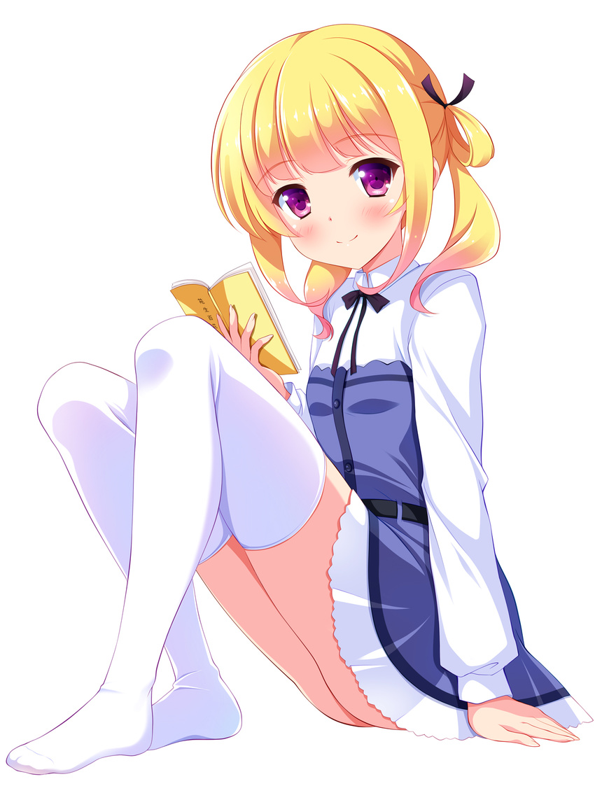 bangs bashen_chenyue blonde_hair blue_dress blush book breasts closed_mouth collared_shirt dress eyebrows_visible_through_hair full_body girlish_number highres knees_up long_sleeves looking_at_viewer no_shoes open_book purple_eyes shirt short_hair simple_background sitting small_breasts smile solo sonou_momoka thighhighs twintails white_background white_legwear white_shirt