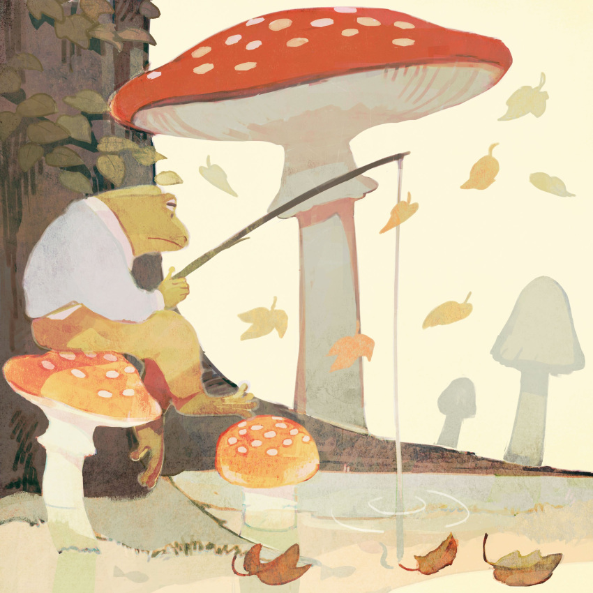 absurdres animal animal_focus autumn_leaves bottomless closed_mouth clothed_animal falling_leaves fishing fly_agaric frog highres horizontal_pupils leaf mushroom no_humans original outdoors ripples sitting sitting_on_mushroom tono_(rt0no) tree water