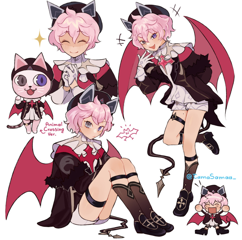 1boy absurdres animal_ears bat_ears bat_tail bat_wings cat closed_eyes dahlia_(genshin_impact) english_text fang full_body genshin_impact grey_eyes hat heterochromia highres male_focus open_mouth otoko_no_ko pink_hair purple_eyes short_hair shorts simple_background smile solo tamasamaa white_background wings