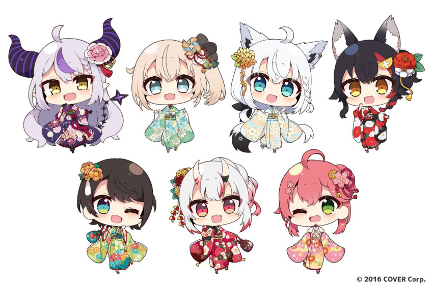 6+girls ahoge animal_ear_fluff animal_ears bell black_hair black_kimono blue_eyes blue_kimono brown_eyes chibi commentary_request demon_horns floral_print flower fox_ears fox_girl fox_tail green_eyes green_kimono grey_hair hair_between_eyes hair_bun hair_flower hair_ornament hairclip holding hololive horns japanese_clothes jingle_bell kazama_iroha kimono la+_darknesss light_brown_hair long_hair long_sleeves multicolored_hair multiple_girls muuran nakiri_ayame obi official_art oni ookami_mio oozora_subaru pink_flower pink_hair pink_kimono print_kimono purple_hair purple_kimono red_eyes red_flower red_hair red_kimono sakura_miko sash shirakami_fubuki simple_background streaked_hair tail very_long_hair virtual_youtuber white_background white_flower wide_sleeves wolf_ears wolf_girl wolf_tail yellow_flower