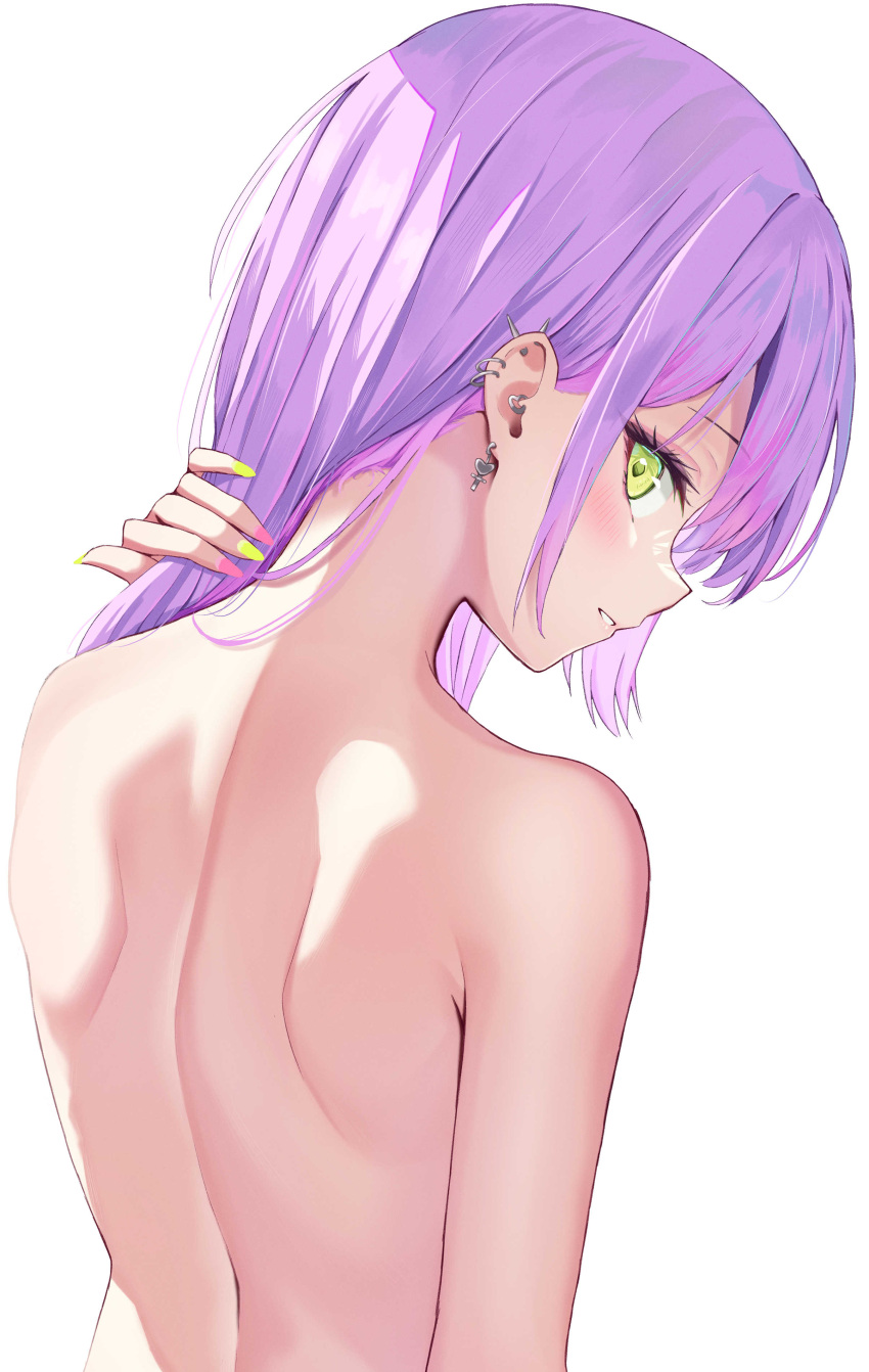 1girl absurdres back back_focus bare_arms bare_back bare_shoulders ear_piercing from_behind green_eyes highres hololive implied_nudity oniku_(o29sukizero) out_of_frame piercing purple_hair shoulder_blades solo tokoyami_towa virtual_youtuber