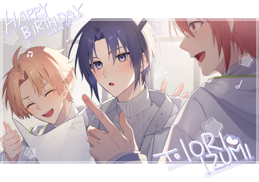 3boys :o aiue_o_eiua blue_eyes blue_hair blush brown_hair closed_eyes commentary_request english_text happy_birthday highres holding holding_paper hood hoodie idolish7 indoors izumi_iori izumi_mitsuki knit_sweater looking_at_another multiple_boys musical_note nanase_riku open_mouth paper parted_bangs reading red_eyes red_hair short_hair smile sweater thumbs_up upper_body white_hoodie white_sweater window