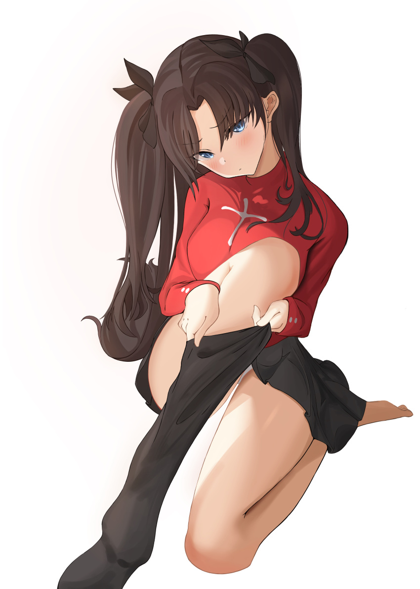 1girl absurdres black_ribbon blue_eyes blush brown_hair dressing fate/stay_night fate_(series) hair_ribbon highres long_hair naya_(pxy0ff6cedzdgs8) red_sweater revision ribbon simple_background sitting skirt solo sweat sweater thighhighs tohsaka_rin two_side_up v-shaped_eyebrows