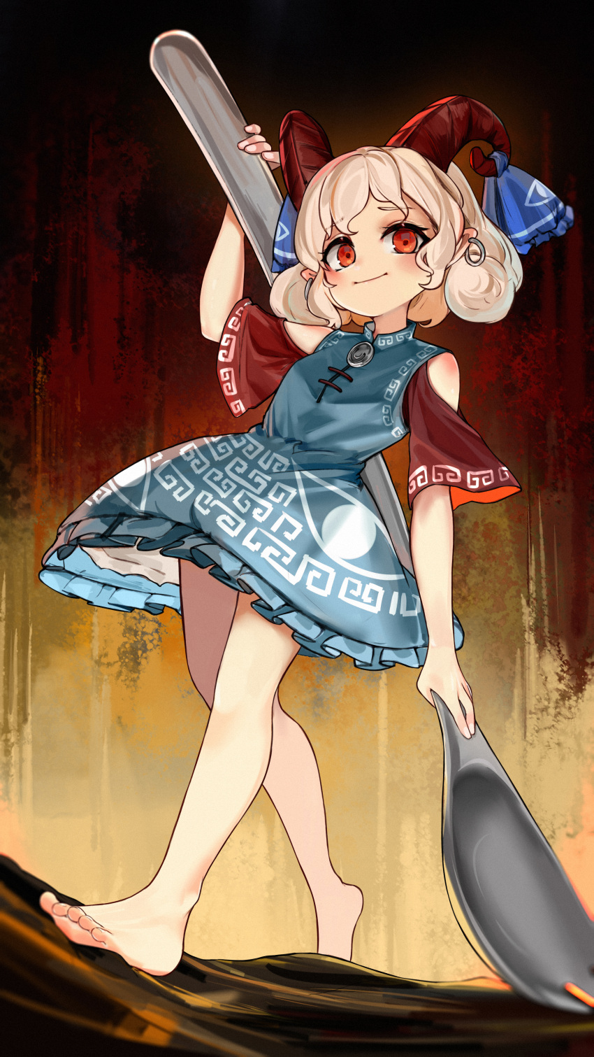 1girl absurdres barefoot blue_dress dress feet from_below highres holding_spork horns kourou_(kouroukun) looking_at_viewer oversized_object red_eyes red_horns smile solo spork toes touhou toutetsu_yuuma white_hair