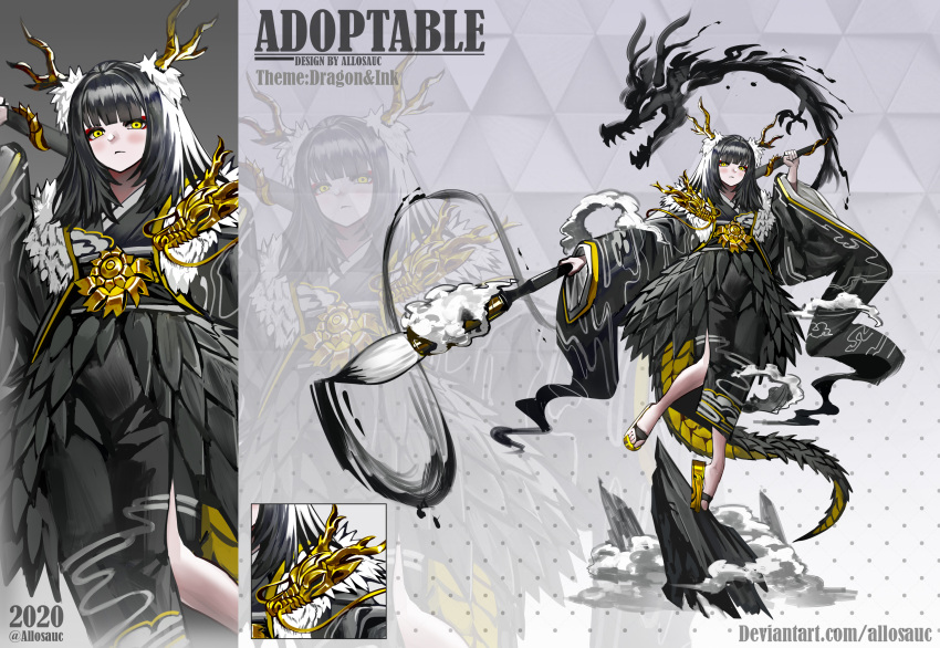 1girl 2020 adoptable allosauc armor artist_name asymmetrical_clothes black_footwear black_hair black_kimono black_skirt black_sleeves calligraphy_brush close-up closed_mouth cloud cloud_print commentary cowboy_shot creature_and_personification deviantart_username dragon dragon_horns dragon_tail english_commentary english_text eyeshadow feather-trimmed_shawl feather_hair_ornament feather_skirt feathers frown full_body geta gradient_background grey_background hair_ornament highres holding holding_calligraphy_brush horns ink japanese_clothes kimono light_blush long_hair long_sleeves makeup miniskirt mountain multiple_views open_clothes open_skirt original oversized_object paintbrush pauldrons polka_dot polka_dot_background projected_inset red_eyeshadow reference_sheet shawl shoulder_armor simple_background single_pauldron skirt tail toes triangle_background triangle_bullet white_shawl wide_sleeves yellow_eyes