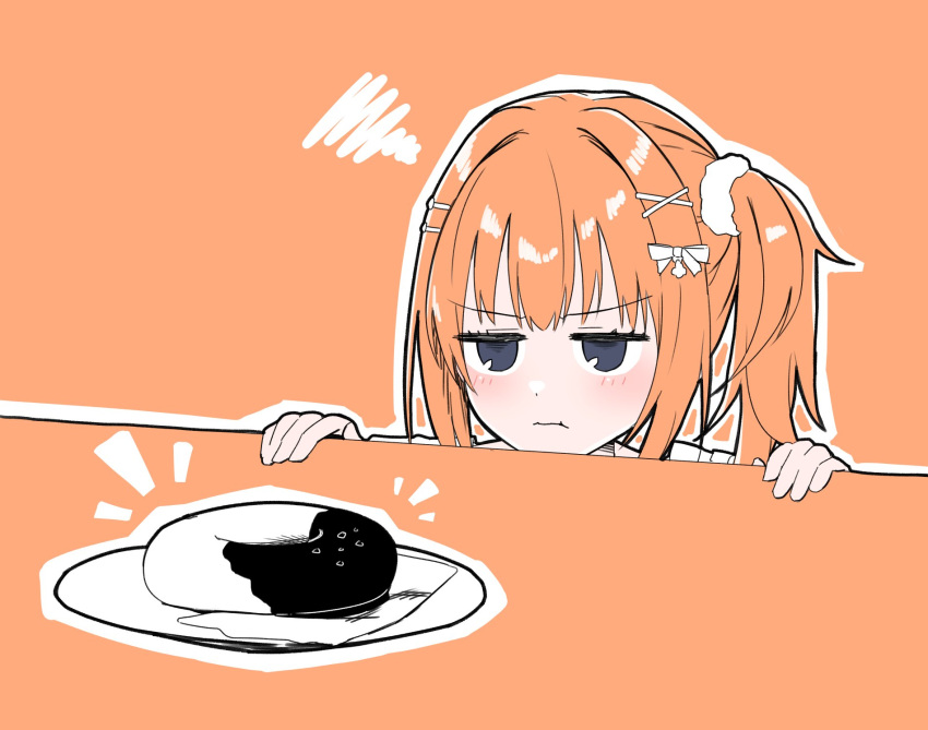 1girl :t blush bow cafe_stella_to_shinigami_no_chou closed_mouth commentary doughnut food frown hair_between_eyes hair_bow hair_intakes hair_ornament hair_scrunchie hairclip head_only highres jitome looking_at_food notice_lines orange_background orange_hair orange_theme purple_eyes scrunchie side_ponytail silver116 simple_background solo squiggle sumizome_nozomi v-shaped_eyebrows weight_conscious white_bow white_scrunchie x_hair_ornament