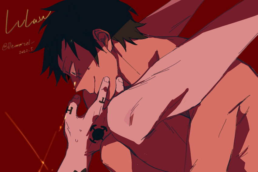 2boys arm_tattoo black_hair blush closed_mouth commentary_request demorzel hand_on_another's_face hand_tattoo highres implied_sex legs_up looking_at_another male_focus monkey_d._luffy multiple_boys nude one_piece scar scar_on_cheek scar_on_face short_hair smile sweatdrop tattoo toned toned_male trafalgar_law twitter_username yaoi