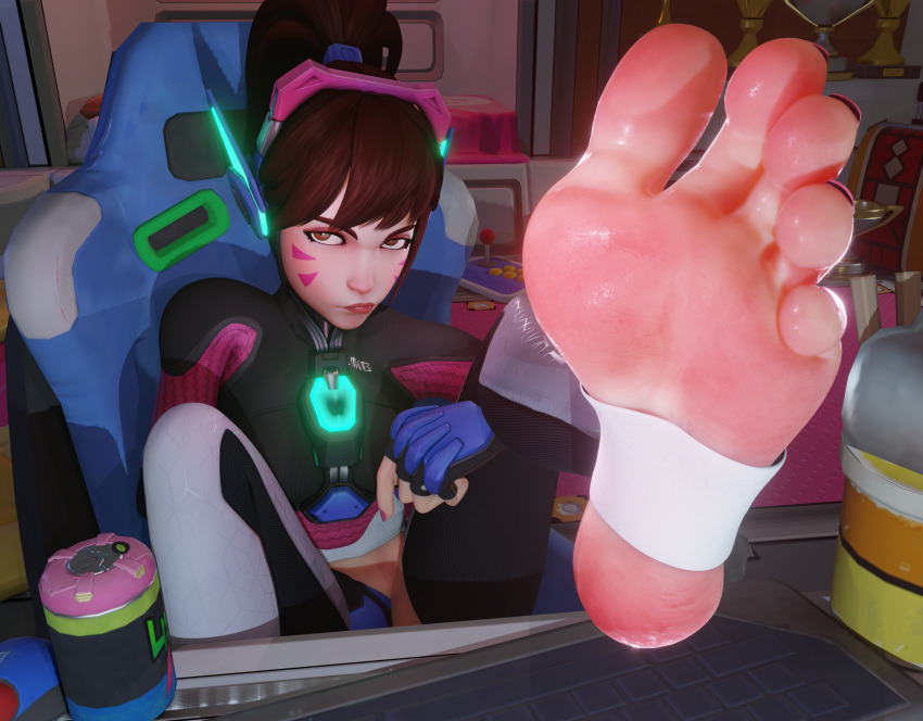 1girl 3d absurdres acronym barefoot blender_(medium) bodysuit d.va_(overwatch) facepaint facial_mark feet foot_focus headphones highres long_hair looking_at_viewer nail_polish no_shoes overwatch pink_lips ribbed_bodysuit sitting soles solo syclops toenail_polish toenails toes whisker_markings