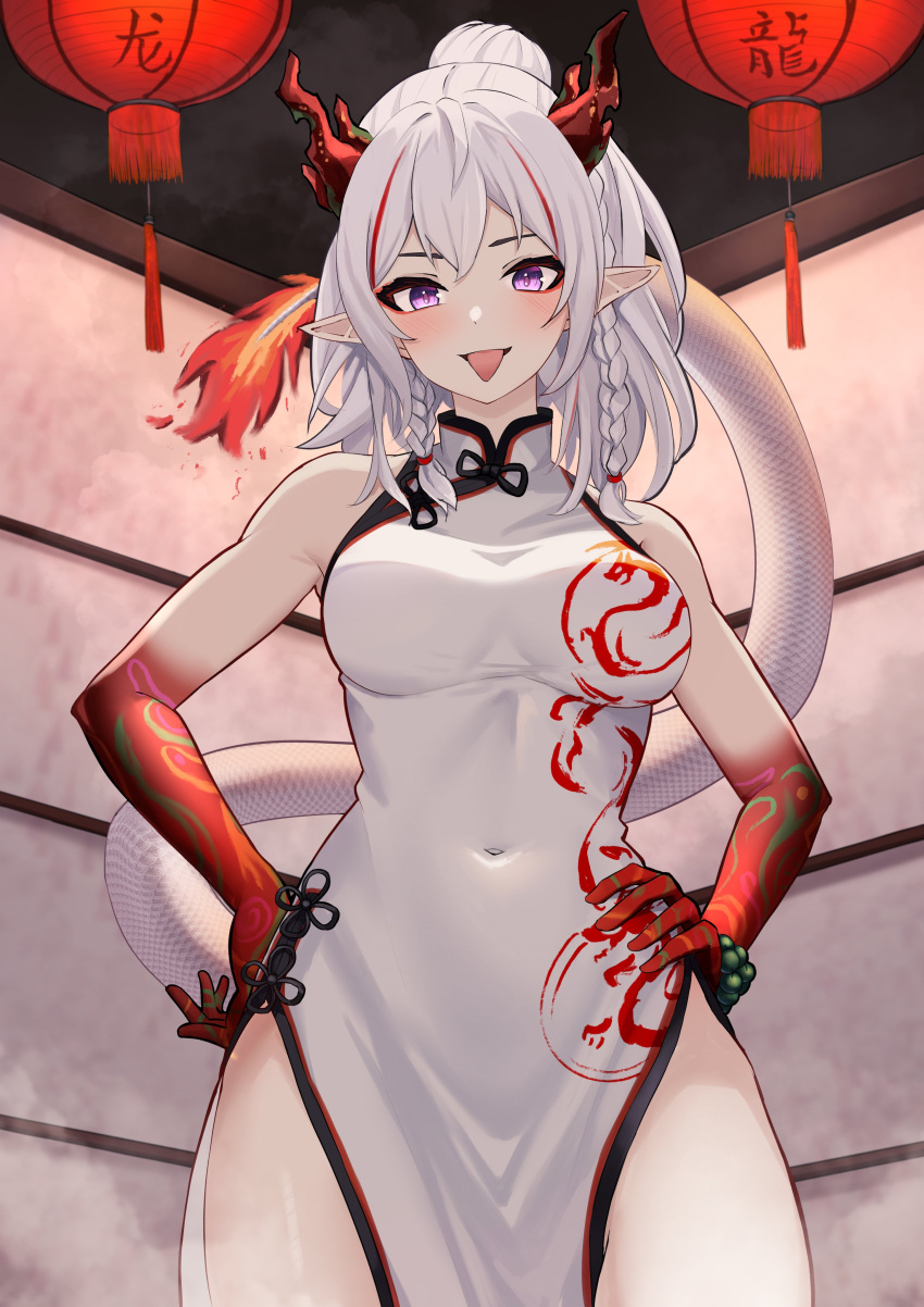 1girl absurdres arknights arm_tattoo bracelet braid braided_bangs breasts china_dress chinese_clothes covered_navel curled_fingers dragon_horns dragon_tail dress hair_bun hand_on_own_hip highres horns jewelry medium_breasts multicolored_hair nian_(arknights) nian_(unfettered_freedom)_(arknights) open_mouth pointy_ears purple_eyes solo streaked_hair tail tattoo tongue tongue_out white_hair yan_kodiac