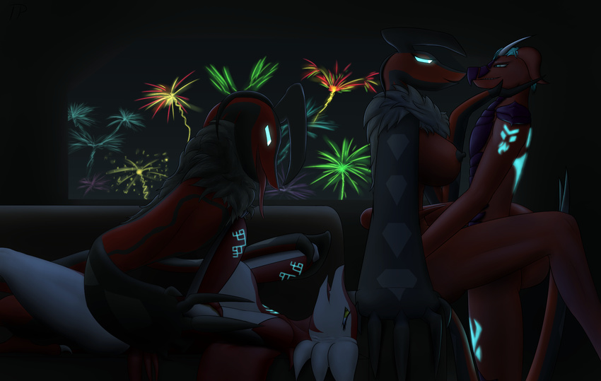 anthro anthro_on_feral bestiality big_breasts bioluminescence black_areola blue_eyes breasts claws eye_contact female feral fireworks fur glowing glowing_eyes group group_sex horn inside latias latvijas_(character) legendary_pok&eacute;mon lying male male/female markings night nintendo nipples nude on_back open_mouth orgy pok&eacute;mon scales scalie sex sofa standing testowepiwko tongue tongue_out veldazik_(character) video_games wings yveltal