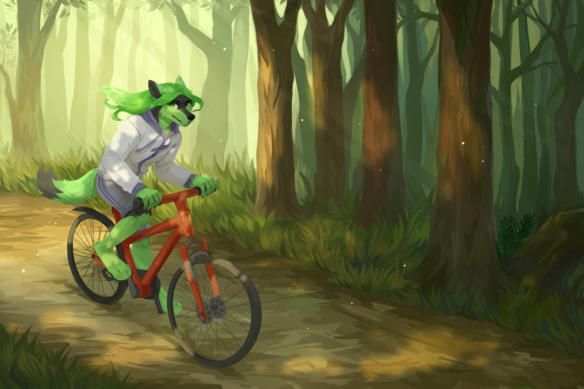 ambiguous_gender anthro bicycle bottomwear canid clothed clothing corzh77 day fur grass green_body green_eyes green_fur green_hair grey_body grey_bottomwear grey_clothing grey_fur grey_shorts grin hair jacket long_hair looking_at_viewer mammal multicolored_body multicolored_fur outside plant shorts smile solo topwear tree two_tone_body two_tone_fur white_clothing white_jacket white_topwear