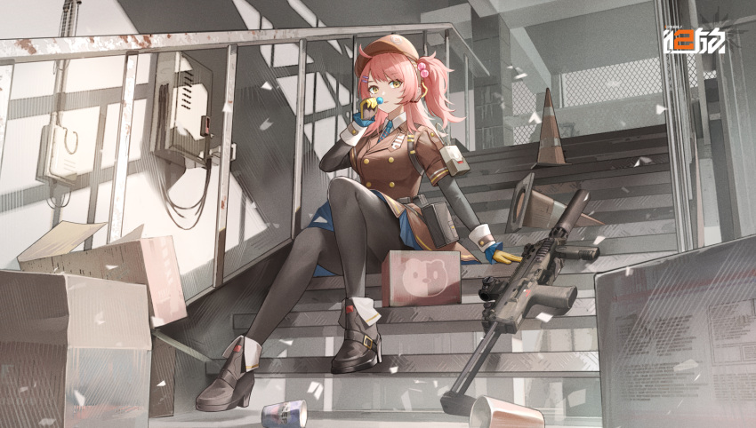 1girl black_footwear black_gloves black_pantyhose boots brown_headwear candy copyright_name cup food girls'_frontline girls'_frontline_2:_exilium gloves gun h&amp;k_mp7 hair_ornament highres holding holding_candy holding_food holding_lollipop logo lollipop medium_hair mp7_(girls'_frontline) multiple_hairpins necktie orange_eyes pantyhose parted_lips pink_hair scope sitting solo stairs striped_necktie submachine_gun suppressor traffic_cone two-tone_gloves user_exwe2258 weapon yellow_gloves
