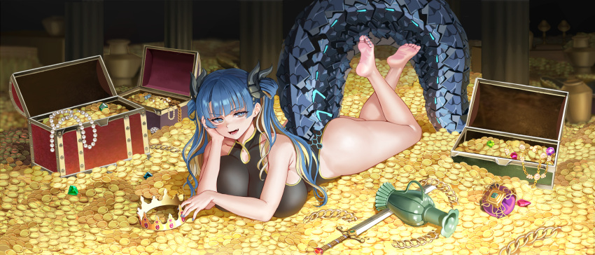 1girl :d ass bare_legs bare_shoulders barefoot black_dress blonde_hair blue_eyes blue_hair blue_nails blush breast_press breasts chain china_dress chinese_clothes cleavage coin collarbone column crown dark_room diamond-shaped_pupils diamond_(shape) dragon_girl dragon_tail dress fafnir_(last_origin) fang full_body game_cg gem gold_chain gold_coin gold_trim gradient_eyes green_gemstone hair_ornament hand_on_own_cheek hand_on_own_face head_rest highleg highres hime_cut huge_breasts indoors jewelry last_origin light_blue_hair long_hair looking_at_viewer lying mechanical_tail multicolored_eyes multicolored_hair nail_polish necklace official_art on_stomach open_mouth pearl_necklace pillar purple_gemstone raised_eyebrows red_gemstone short_twintails sideboob_cutout smile solo sword symbol-shaped_pupils taesi tail toenail_polish toenails treasure treasure_chest twintails two-tone_hair v-shaped_eyebrows vase weapon yellow_eyes