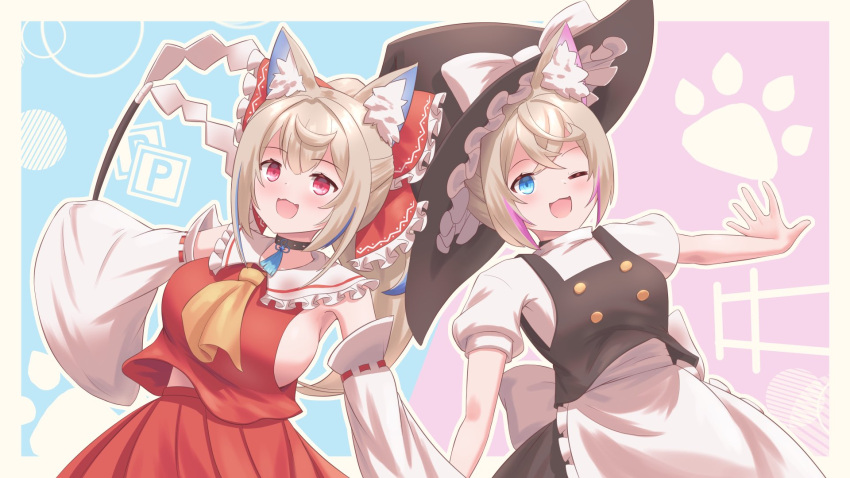 2girls animal_ears blonde_hair blue_eyes blue_hair blush breasts cosplay dog_ears fangs fuwawa_abyssgard hakurei_reimu hakurei_reimu_(cosplay) hat highres hololive hololive_english japanese_clothes kbkzsp7 kirisame_marisa kirisame_marisa_(cosplay) large_breasts long_hair miko mococo_abyssgard multicolored_hair multiple_girls one_eye_closed purple_hair red_eyes short_hair sideboob skin_fangs touhou witch witch_hat