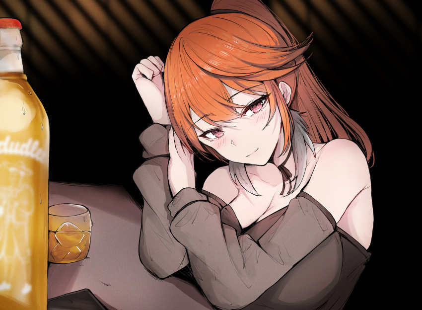 1girl alcohol bare_shoulders blush bottle breasts cleavage closed_mouth cup detached_sleeves drinking_glass earrings elbow_rest feather_earrings feathers high_ponytail highres hololive hololive_english ice ice_cube jewelry large_breasts looking_at_viewer orange_hair pink_eyes sak1_01 sidelocks smile solo takanashi_kiara virtual_youtuber