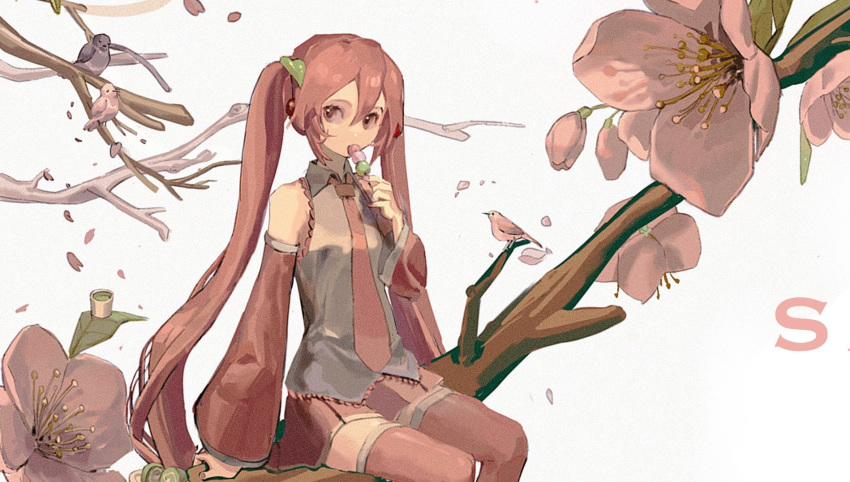 1girl bare_shoulders bird cherry_blossoms cherry_hair_ornament collared_shirt dango detached_sleeves eating falling_petals feet_out_of_frame food food-themed_hair_ornament frilled_shirt frills green_tea hair_between_eyes hair_ornament hatsune_miku highres holding holding_food long_hair long_sleeves miniskirt necktie neonneon321 on_branch petals pink_eyes pink_hair pink_necktie pink_skirt pink_sleeves pink_thighhighs pleated_skirt sakura_miku shirt sidelocks simple_background sitting skirt sleeveless sleeveless_shirt solo tea thighhighs tree twintails very_long_hair vocaloid wagashi white_background white_shirt zettai_ryouiki
