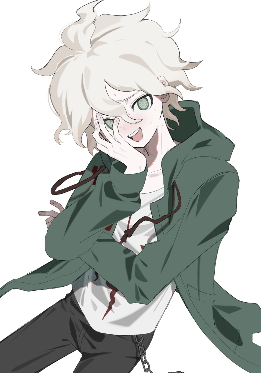 1girl :d black_pants blush danganronpa_(series) danganronpa_2:_goodbye_despair green_jacket grey_hair grey_shirt hair_between_eyes hand_up highres hood hood_down hooded_jacket jacket jun_(lllllllllkatte) komaeda_nagito long_sleeves messy_hair pants print_shirt shirt simple_background smile solo teeth upper_teeth_only white_background