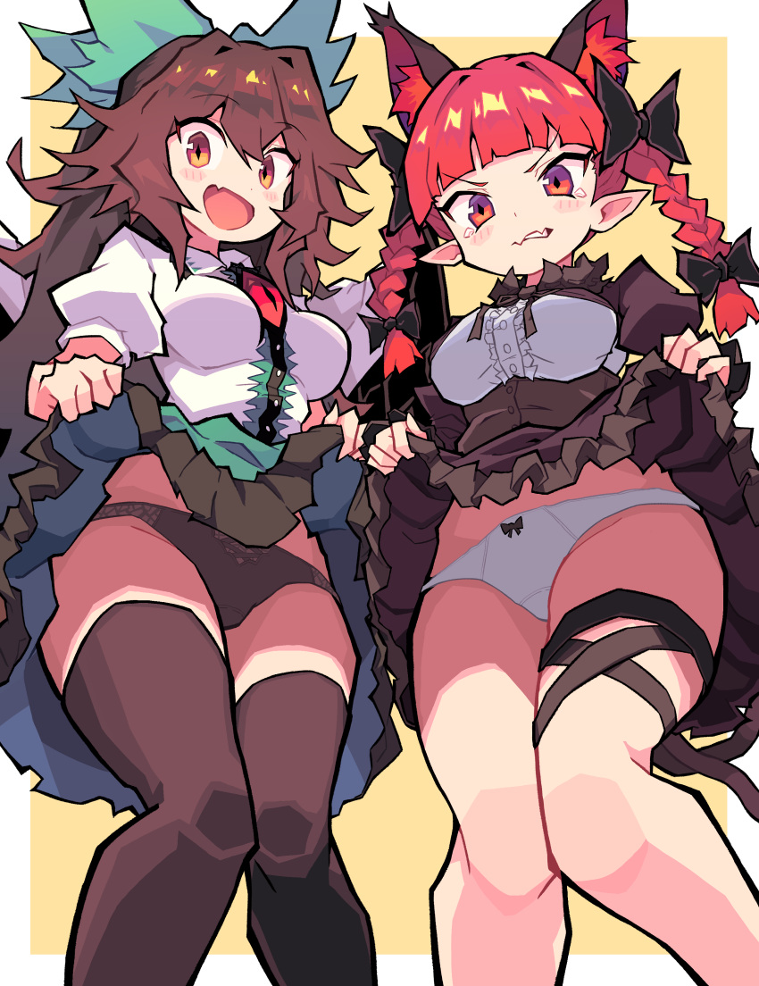 absurdres animal_ears black_panties black_thighhighs breasts brown_hair cat_ears cat_girl closed_mouth clothes_lift cocokana crying crying_with_eyes_open dress dress_lift frown highres kaenbyou_rin large_breasts lifted_by_self long_hair looking_at_viewer open_mouth panties red_eyes red_hair reiuji_utsuho simple_background smile tearing_up tears thighhighs touhou underwear white_panties yellow_background