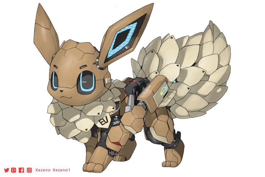 blue_eyes eevee facebook_logo facebook_username highres instagram_logo instagram_username mecha mechanization pixiv_logo pixiv_username pokemon pokemon_(creature) robot simple_background smile solo twitter_logo twitter_username white_background xezeno