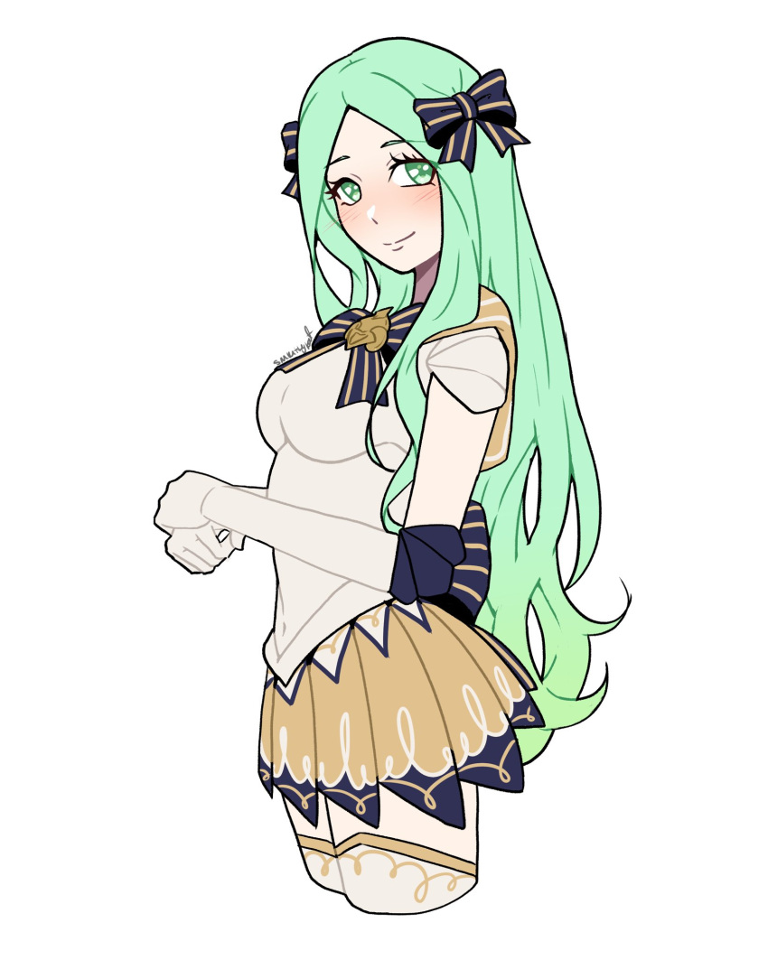 1girl alternate_costume back_bow bishoujo_senshi_sailor_moon bow bowtie commentary crossover elbow_gloves english_commentary fire_emblem fire_emblem:_three_houses from_side gloves gradient_hair green_eyes green_hair hair_bow highres long_hair looking_at_viewer miniskirt multicolored_hair pleated_skirt rhea_(fire_emblem) sailor_senshi signature simple_background skirt smile smkittykat solo striped_bow thighhighs white_background white_gloves