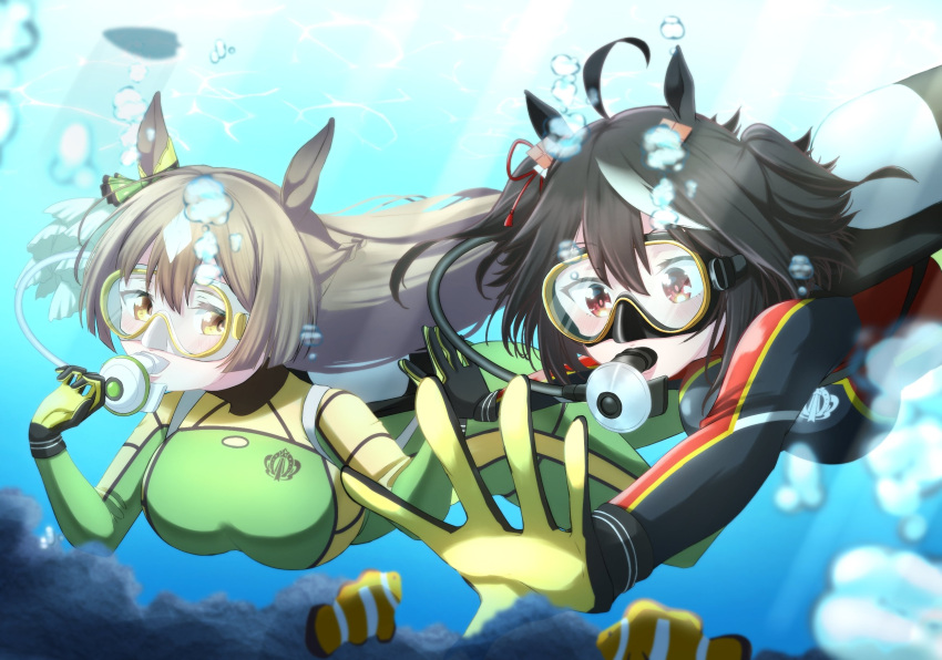 2girls ahoge air_bubble animal_ears black_bodysuit black_gloves black_wetsuit bodysuit brown_hair bubble clownfish curled_fingers diving diving_mask diving_regulator diving_suit fish gloves goggles green_bodysuit highres holding_hands horse_ears horse_girl hose kitasan_black_(umamusume) long_hair multicolored_bodysuit multicolored_clothes multiple_girls othiwo oxygen_tank parted_lips reaching red_eyes satono_diamond_(umamusume) scuba scuba_gear scuba_tank short_hair submerged two-tone_gloves umamusume underwater wetsuit yellow_eyes yellow_gloves