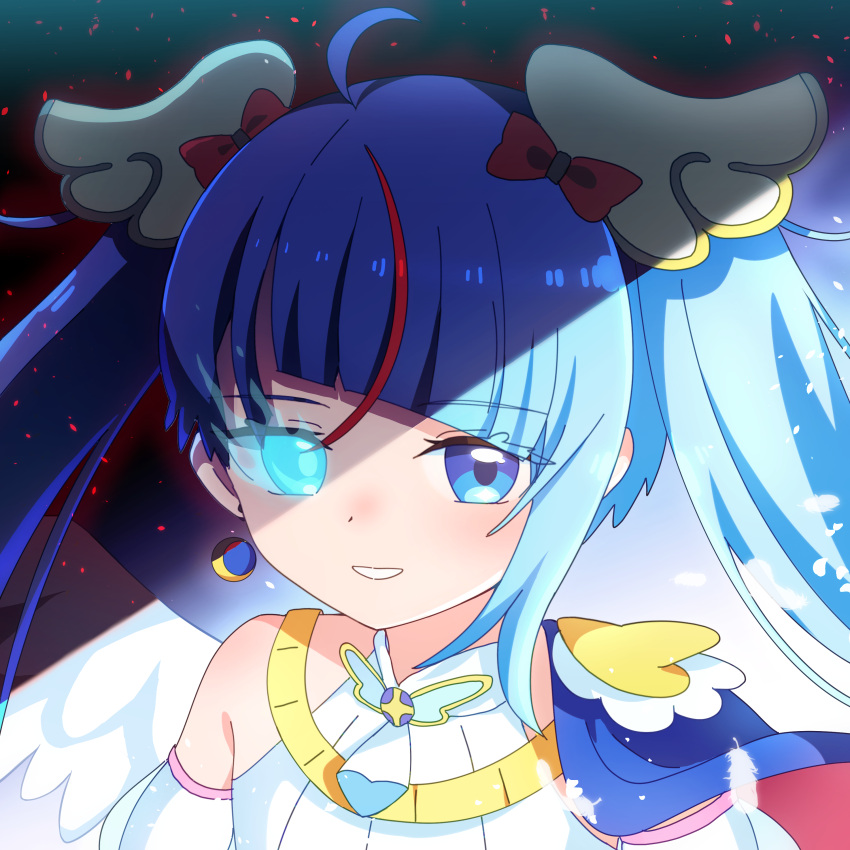 1girl absurdres ahoge black_wings blue_cape blue_eyes blue_hair brooch cape closed_mouth commentary cure_sky cut_bangs dark_persona dress earrings embers glowing glowing_eye highres hirogaru_sky!_precure jewelry long_hair looking_at_viewer magical_girl multicolored_hair nene_man parted_lips precure red_cape red_hair single_earring single_sidelock sleeveless sleeveless_dress smile solo split_theme streaked_hair twintails two-sided_cape two-sided_fabric white_wings wing_brooch wing_hair_ornament wings