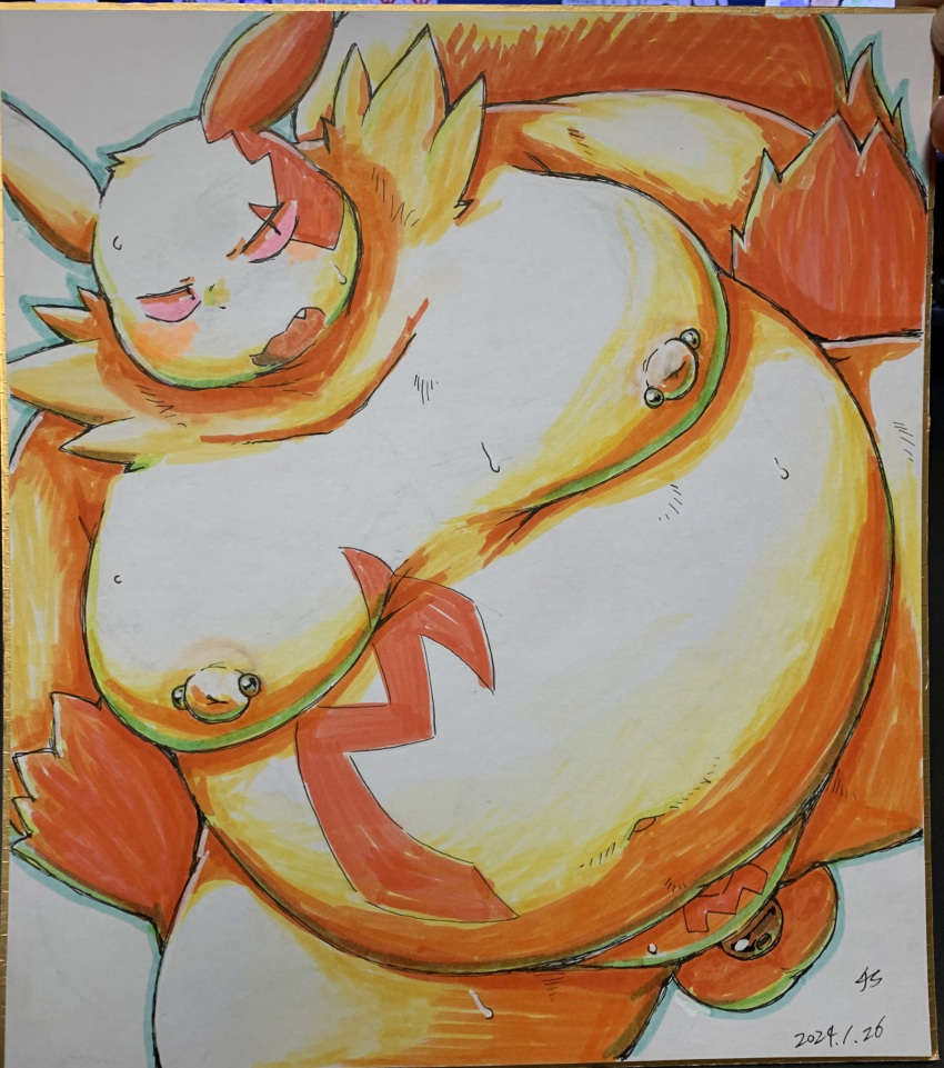 anthro balls belly blush chastity_cage chastity_device chiro_(artist) fupa fur generation_3_pokemon genitals hi_res male moobs nintendo nipple_piercing nipples overweight piercing pokemon pokemon_(species) solo traditional_media_(artwork) white_body white_fur zangoose