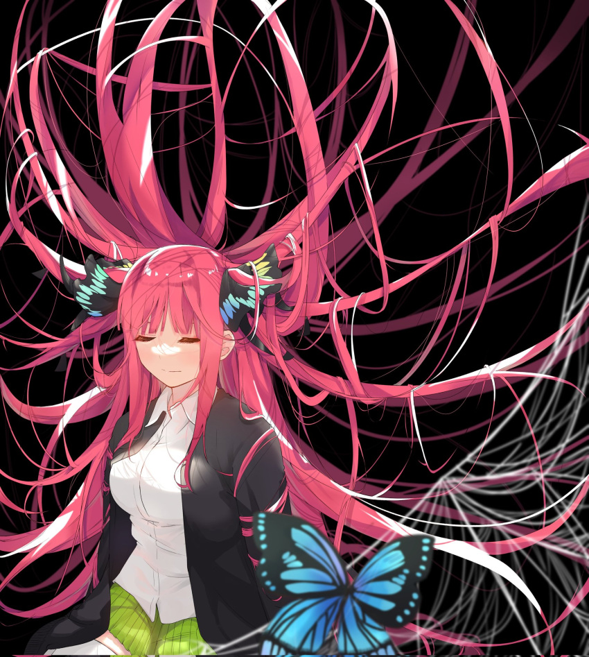 1girl arms_at_sides black_background black_cardigan blue_butterfly blunt_bangs blush breasts bug butterfly butterfly_hair_ornament cardigan closed_eyes closed_mouth collared_shirt commentary cowboy_shot dress_shirt expressionless eyelashes go-toubun_no_hanayome green_skirt hair_ornament highres large_breasts long_hair miniskirt mojyu_saico nakano_nino open_cardigan open_clothes pleated_skirt red_hair school_uniform shirt sidelocks silk simple_background skirt solo spider_web thighhighs two_side_up very_long_hair white_shirt white_thighhighs zettai_ryouiki