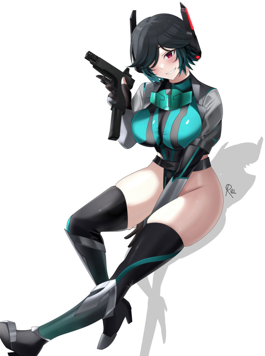 1girl absurdres aqua_hair belt black_hair black_thighhighs boots borrowed_character breasts commission cropped_jacket elbow_gloves gloves gradient_hair gun hair_over_one_eye headgear high_heels highleg highleg_leotard highres holding holding_gun holding_weapon jacket large_breasts leotard looking_at_viewer multicolored_hair original red_eyes reiei_8 shiny_skin short_hair simple_background skindentation smile solo thighhighs thighs weapon white_background