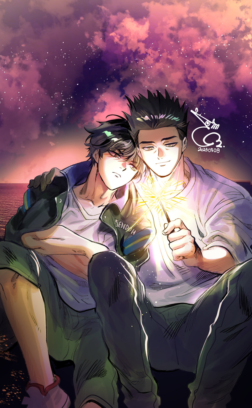 2boys absurdres bae_(baebae) black_eyes black_hair couple crossed_arms feet_out_of_frame fireworks hand_on_another's_shoulder head_on_another's_shoulder highres holding_fireworks looking_down male_focus multiple_boys rukawa_kaede sendou_akira short_hair side-by-side sitting slam_dunk_(series) smile sparkler spiked_hair yaoi