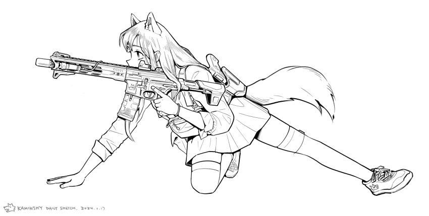 1girl absurdres animal_ears arm_support aura bracelet dated full_body greyscale gun hair_ornament hand_on_ground hand_up handgun highres holster index_finger_raised jewelry kaminskyw load_bearing_vest long_hair long_sleeves miniskirt monochrome on_one_knee original outstretched_leg profile shoes shoulder_holster simple_background skirt sleeves_rolled_up sneakers solo tail thighhighs trigger_discipline weapon