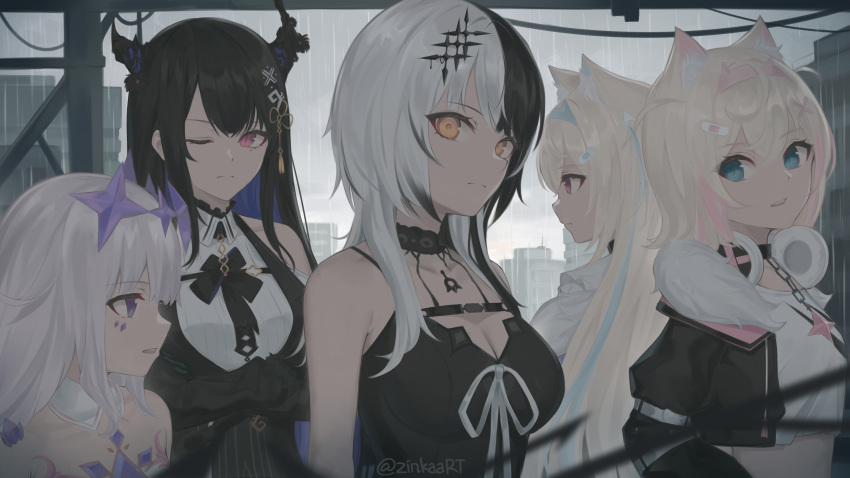 5girls absurdres animal_ear_fluff animal_ears asymmetrical_horns bandaid bandaid_hair_ornament black_hair black_jacket blonde_hair blue_hair breasts cleavage colored_inner_hair cropped_shirt demon_horns dog_ears dog_girl dress fur-trimmed_jacket fur_trim fuwawa_abyssgard fuwawa_abyssgard_(1st_costume) grey_hair hair_ornament headphones headphones_around_neck highres holoadvent hololive hololive_english horns jacket koseki_bijou koseki_bijou_(1st_costume) large_breasts long_hair looking_at_viewer mococo_abyssgard mococo_abyssgard_(1st_costume) multicolored_hair multiple_girls nerissa_ravencroft nerissa_ravencroft_(1st_costume) one_eye_closed pink_hair purple_hair rain serious shiori_novella shiori_novella_(1st_costume) shirt short_hair siblings sisters split-color_hair streaked_hair twins two-tone_hair virtual_youtuber white_dress white_shirt x_hair_ornament zinkaa