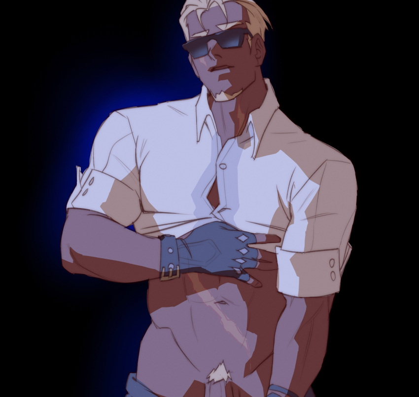 1boy bara blonde_hair bursting_pectorals clothes_pull cowboy_shot dark-skinned_male dark_skin dieonysuz facial_hair flaccid gloves goatee groin highres honkai:_star_rail honkai_(series) lifted_by_self looking_at_viewer male_focus mature_male midriff pants pants_pull pectorals penis penis_out_of_frame penis_peek presenting_penis pubic_hair short_hair solo sparse_pubic_hair thick_eyebrows toned toned_male woolsey_(honkai:_star_rail)