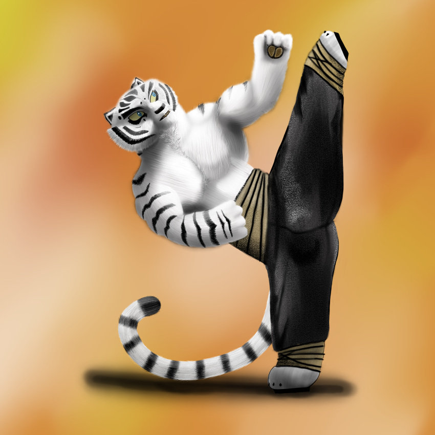 absurd_res anthro biceps black_bottomwear black_clothing black_pants bottomwear clothed clothing determined felid fur hi_res high_kick kick kung_fu larger_male lim_xue lim_xue_(lim_xue) male mammal markings muscular muscular_male pantherine pants pecs size_difference solo striped_body striped_fur striped_markings striped_tail stripes tail tail_markings tiger topless topless_anthro topless_male white_body white_fur