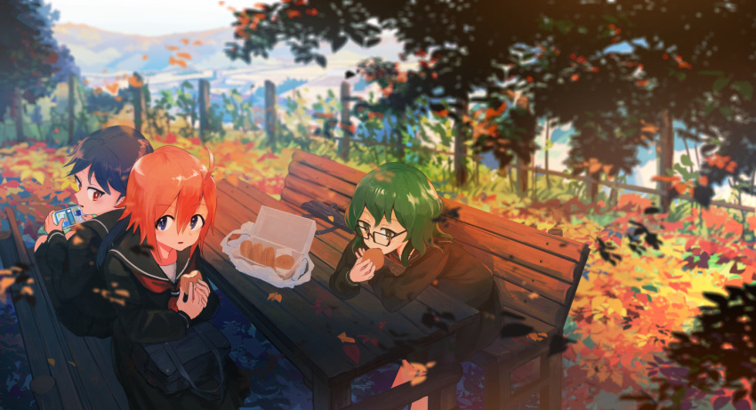 ahoge autumn bag bag_on_lap bench black_hair black_sailor_collar black_serafuku black_shirt black_skirt blue_bag blue_eyes commentary_request eating falling_leaves fence food glasses green_hair hair_between_eyes handheld_game_console holding holding_handheld_game_console inami_hatoko landscape leaf long_hair nature neckerchief orange_hair original outdoors park_bench parted_lips pleated_skirt red_neckerchief sailor_collar school_bag school_uniform serafuku shirt short_hair sitting skirt table twintails