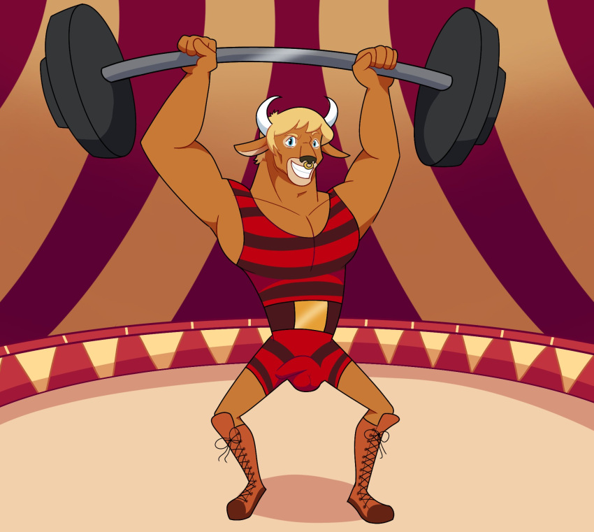 anthro before/after belt boots bovid bovine bulge cattle circus clothing european_mythology exercise fake_bulge footwear greek_mythology hi_res leotard male mammal manny_taur mattel minotaur monster_high muscular mythology smile smirk solo strips strong_man weasdepiro weightlifting workout