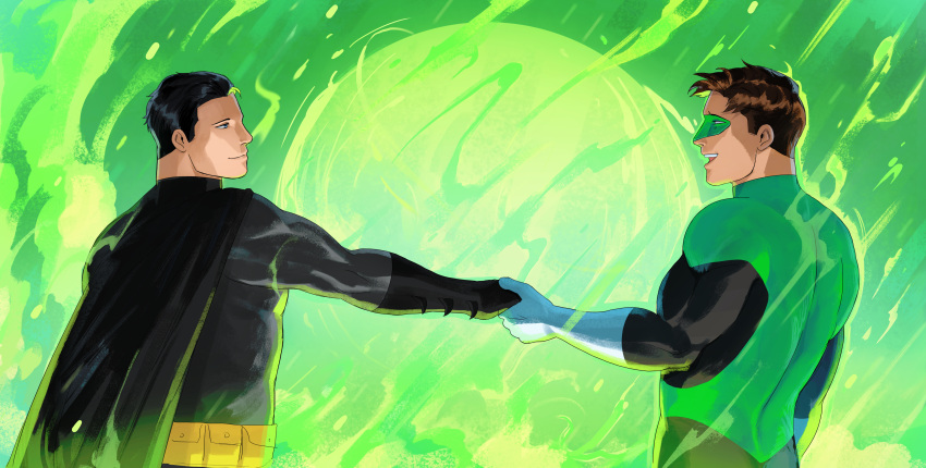 2boys absurdres bara batman batman_(series) black_bodysuit black_cape black_gloves black_hair bodysuit brown_hair bruce_wayne cape dc_comics domino_mask gloves green_bodysuit green_lantern green_lantern_(series) grey_bodysuit hal_jordan haljordanmylove highres holding_hands large_pectorals looking_at_another male_focus mask multiple_boys muscular muscular_male open_mouth pectorals short_hair smile superhero two-tone_bodysuit white_gloves yaoi